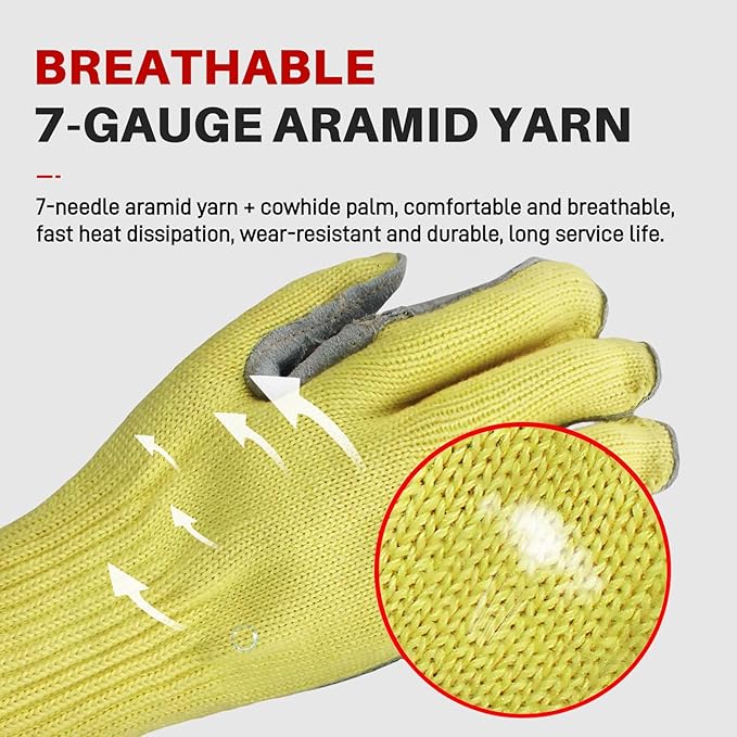 Heat Cut Resistant Gloves,Aramid leather Oven Gloves with Fingers,Heat Resistant Up to 550°F, Thick Knit Design- Grill Mitts for Men & Women(Aramid leather, Medium)