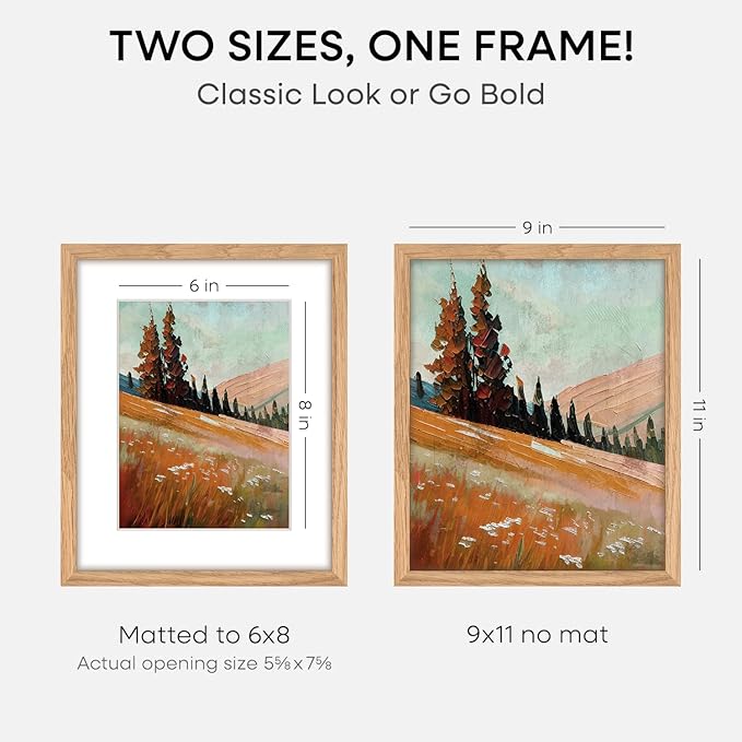 Homeforia 9x11 Picture Frame Wood, High End Natural Oak 9 x 11 Light Wooden Frames with Mat 6 by 8 in Photo, 9by11 Frame Matted to 6x8 Print, Wall or Tabletop Frame, Tempered Glass, Wall Kit, Set of 1