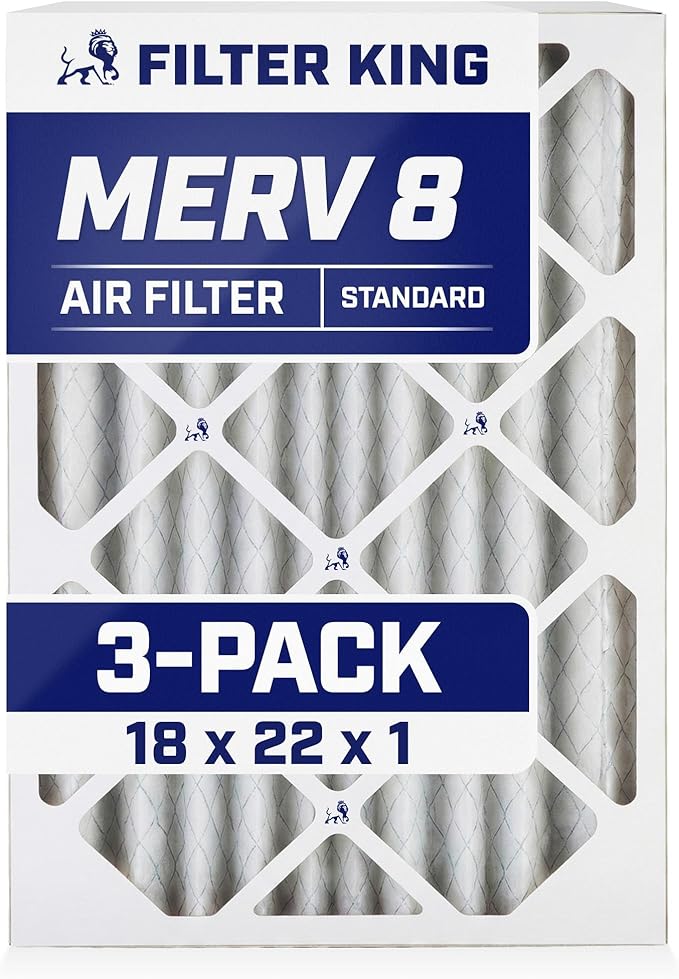 Filter King 18x22x1 Air Filter | 3-PACK | MERV 8 HVAC Pleated A/C Furnace Filters | MADE IN USA | Actual Size: 17.5 x 21.5 x .75"