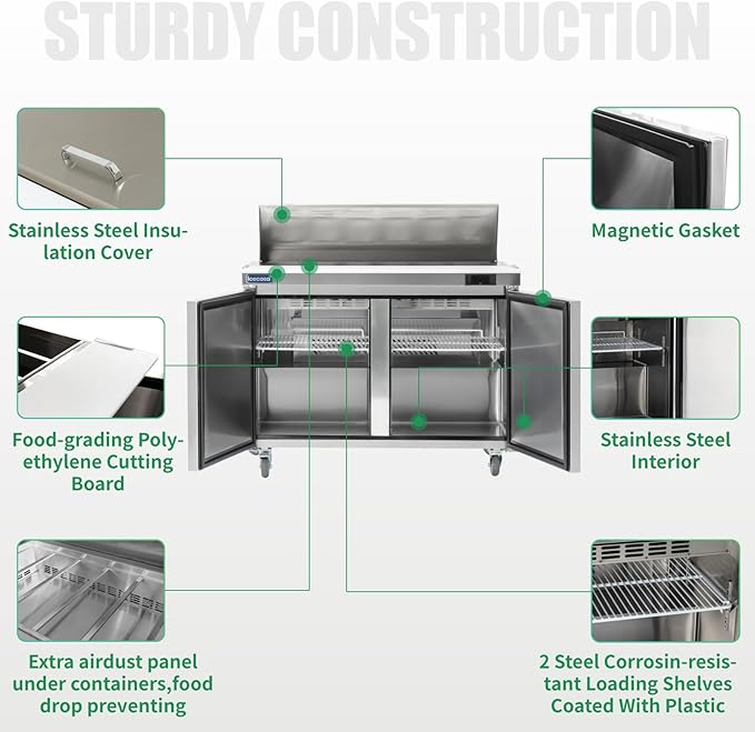 ICECASA 48" W Commercial Refrigerator Sandwich&Salad Prep Table 2 Door Stainless Steel Counter Fan Cooling Refrigerator with 12 pans-48 Inches for Restaurant, Bar, Shop, etc