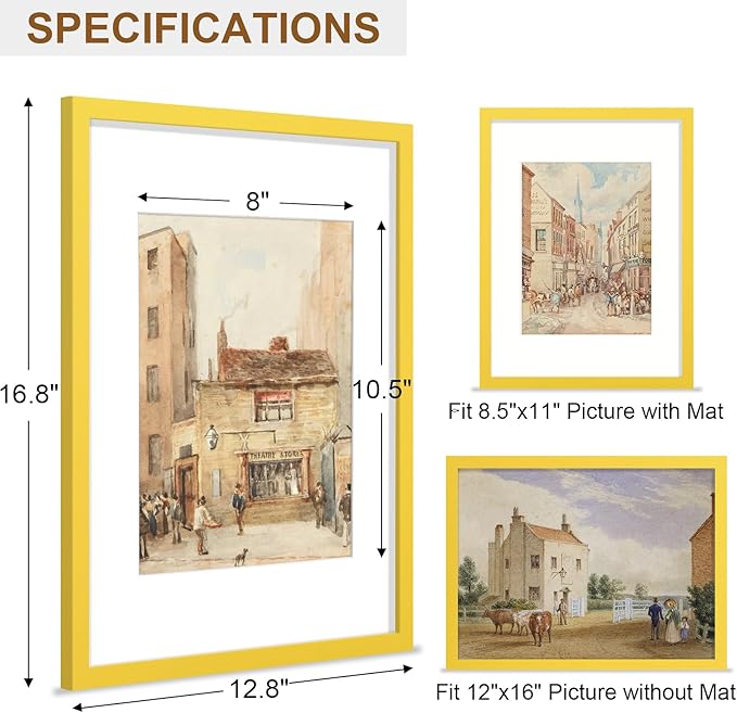Vittanly 12x16 Picture Frame, Solid Wood Frame with Plexiglass, Includes 8.5x11 Mat, Wall Hanging for Photos, Home Decor, Yellow, 1 Pack
