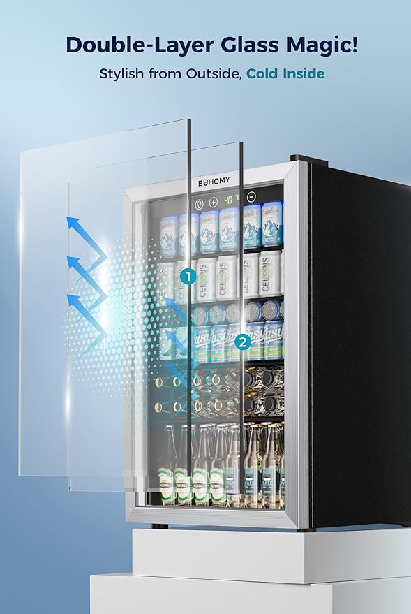 EUHOMY 4.5 Cu.ft Beverage Refrigerator and Cooler, 145 Can Mini fridge with Glass Door for Soda Beer Wine, Small Drink Dispenser with Digital Adjustable Thermostat for Home Office Bar