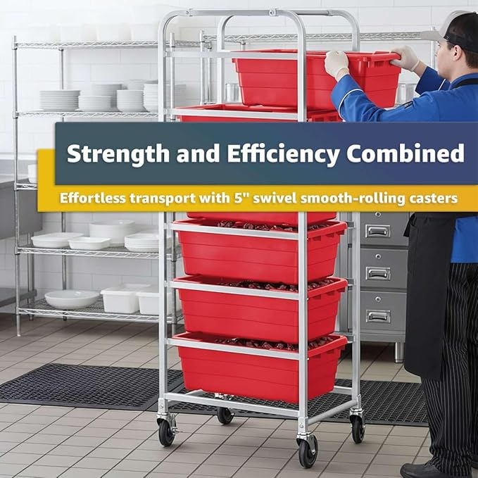 19"x26"x69" Mobile Aluminum Lug Rack with 6 Red Meat Lugs/Tote Boxes - NSF Heavy-Duty Commercial Portable Storage Cart with 5" Casters, 400 lb., Food Prep and Dishroom Durable Utility Rack