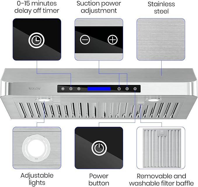 EKON 42 inches Under Cabinet Range Hood, 900 CFM Stainless Steel Kitchen Chimney Vent, 4 Speed Touch Screen Control With Remote 2Pcs 3W LED lights Dishwasher-safe Filters Fan Timer