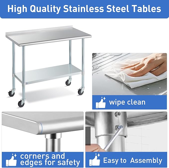 Stainless Steel Table for Prep & Work with Caster & Backsplash 24x60 Inches, NSF Metal Commercial Kitchen Heavy Duty Table with Adjustable Under Shelf and Table Foot for Restaurant, Home and Hotel