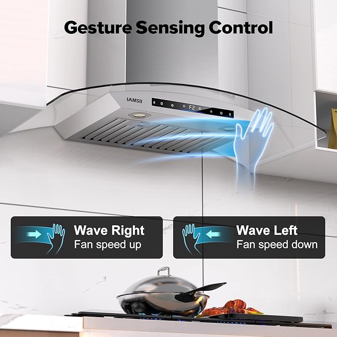 30 inch Wall Mount Range Hood 900 CFM Ducted/Ductless Convertible, Kitchen Chimney Vent Stainless Steel with Gesture Sensing & Touch Control Switch Panel, 2 Pcs Adjustable Lights