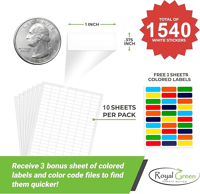 White Rectangular Labels + Bonus Color Stickers - White Color-Coding Labels - Laser Printer Template Included 1630 Pack