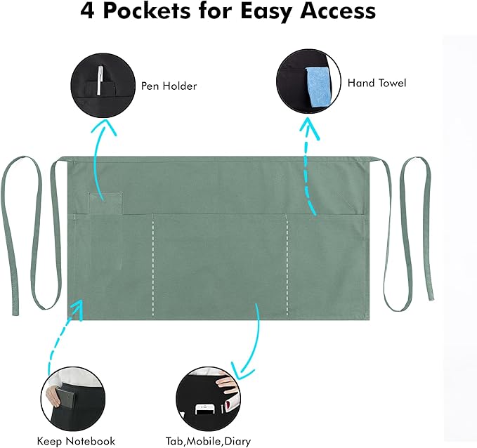 Dreamology Waist Apron with Pockets,Aprons for Waitress and Waiter,Server Apron Women, Aprons with 3 Pockets,Waist Apron,Apron for servers,Water Resistant Aprons for Cooking,Gardening etc (3 Pack)