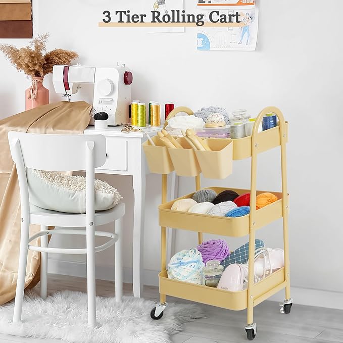 danpinera 3-Tier Rolling Cart, Utility Cart Mobile Metal Rolling Storage Cart with Lockable Wheels & Hanging Cups & Hooks for Kitchen, Bathroom, Office, Workshop, Yellow