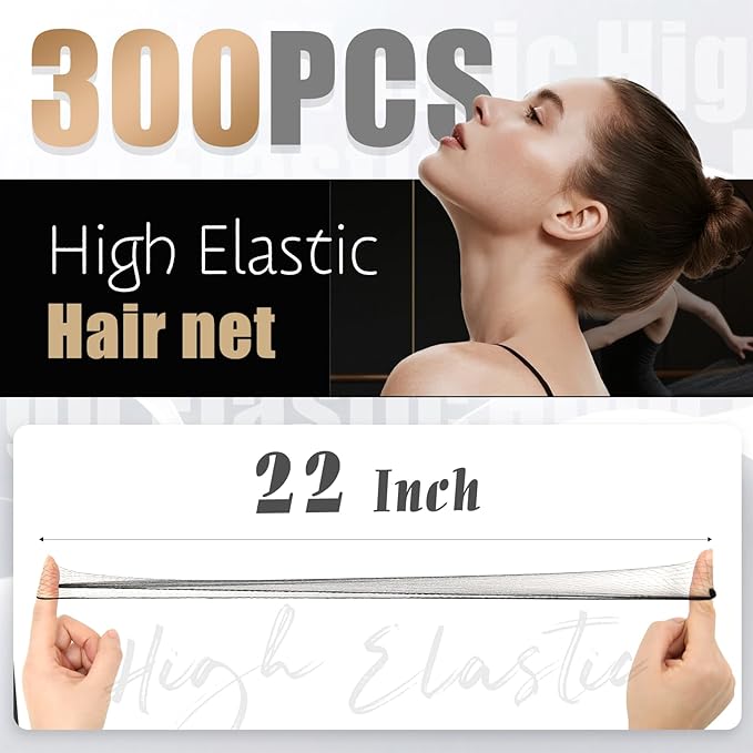 Hair Net Set: 300 Pieces 22-Inch Black Nets, for Food Service, Bun Making, Ballet