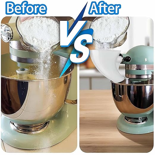 Flour Funnel for Kitchen Aid Mixer, Easy Pour No-Mess Attachment, Anti-Splash Accessory, Fits Tilt-Head 4.5–5 Qt (KSM150), Durable Dishwasher-Safe Baking Tool (White)