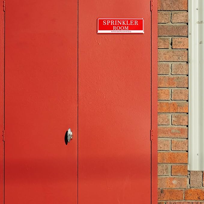 Sprinkler Room Sign – Acrylic Red & White Door Sign with Rounded Corners, Durable Fire Safety & Plumbing Signage for Buildings, Construction Sites, Fire Dept Use | 9x3 Inch | Self-Stick |