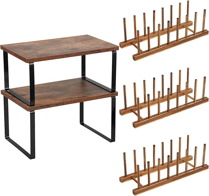 5 Pcs Kitchen Organizer Accessories Set Kitchen Storage Organizer Versatile Display Shelf Include Cabinet Organizer Shelf and Bamboo Dish Drying Plate Rack for Dish Plate Cup Pot Lid Cutting Bowl Cup