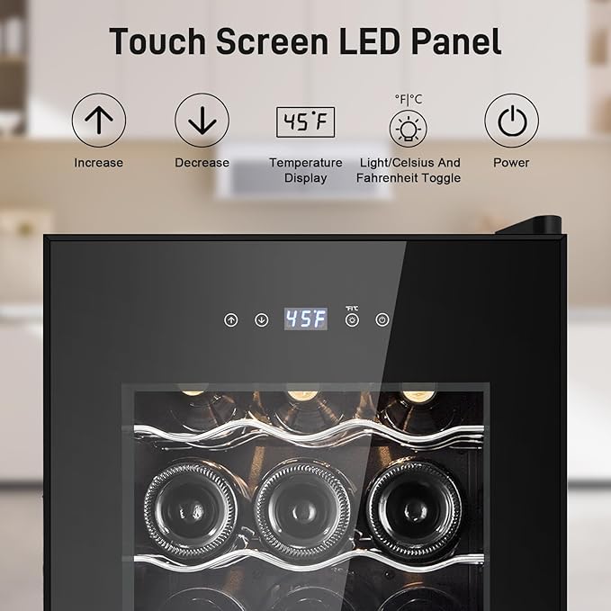 Tylza 18 Bottles Wine Fridge, Wine Cellar with Powerful Compressor, LED Touchscreen, Low-E Tempered Glass Door, Lock, Wine Cooler Refrigerator for Red, White, Champagne or Sparkling Wine, Black