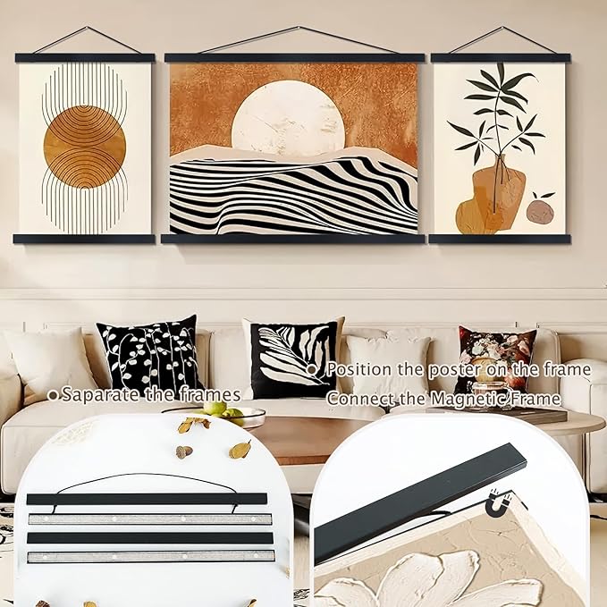 2 Pack Magnetic Poster Hanger Frame, 40x27 40x30 40x60 Light Wood Wooden Magnet Canvas Artwork Print Dowel Poster Hangers Frames Hanging Kit (Black, 40", 2 Packs)