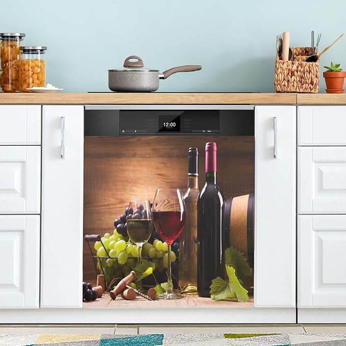 Dishwasher Magnet Cover Red Wine Grapes Wooden Magnetic Refrigerator Sticker Decorative Front Door Vinyl Panel Cabinet Decal Fridge Appliance