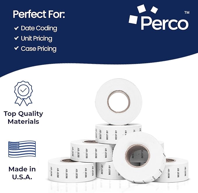 Perco Best by 1 Line Labels - 4 Sleeves, 32,000 "Best by Labels for Perco Lite, X, Plus and Pro 1 Line Date Guns