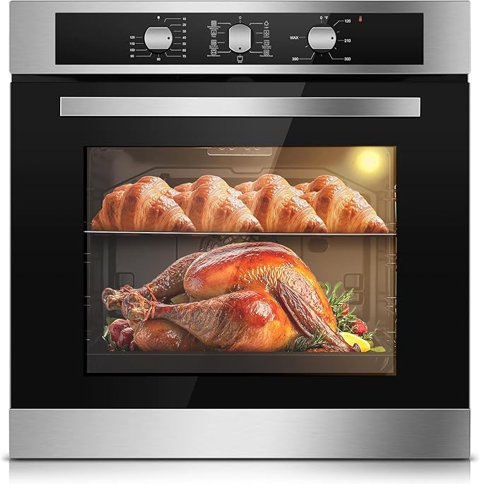 24 Inch Single Wall Oven 2.8 Cu.Ft 3220W, Electric Oven with Mechanical Knob Control, 9 Functions, 360° Rotisserie,Triple Glass Door & Enamel Cavity for restaurant, hotel, and home