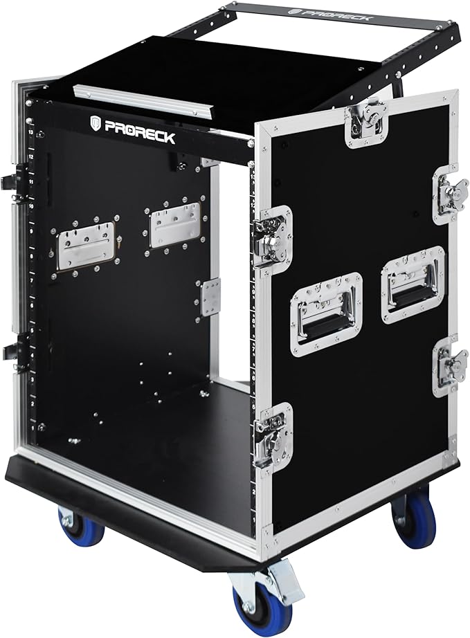 PRORECK 14U Rack/Road Case With Slant Mixer Top, And Casters, 20'' Rackable Depth, Plywood, 14U Installation Size, Pro Stage Performance.