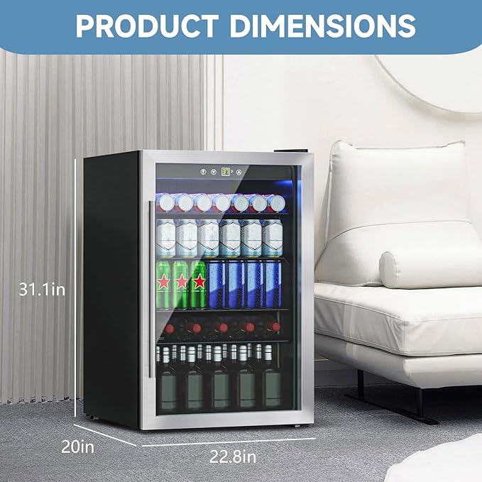 4.5 Cu.ft Beverage Refrigerator Cooler, 145 Can Mini Fridge with Glass Reversible Door, Digital Temperature Display for Soda, Beer or Wine For Office or Bar with Adjustable Removable Shelves