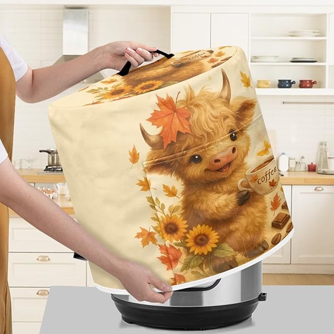 Thanksgiving Day Decor Kitchen Appliance 8 Quart Pressure Cooker Air Fryer Rice Cooker Dust Cover with Top Handle and Storage Pocket Maple Leaf Cute Highland Cow