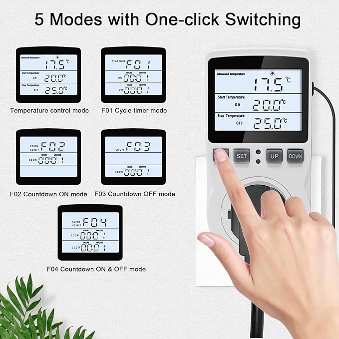 KETOTEK Digital Temperature Controller Thermostat Outlet Plug 120V with LCD Backlight, Heating Cooling Temperature Controlled Outlet 110V 15A with 3m Sensor