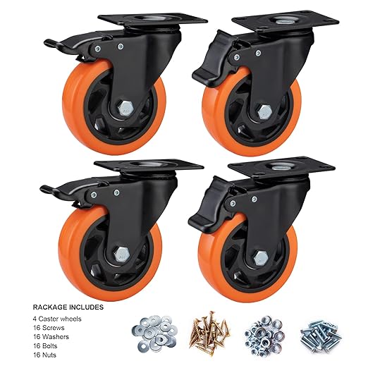 4" Caster Wheels, Casters Set of 4 Heavy Duty - Orange Polyurethane Castors, Top Plate Swivel Wheels, 4-Pack Industrial Casters with Brake, Locking Caster for Furniture and Workbench