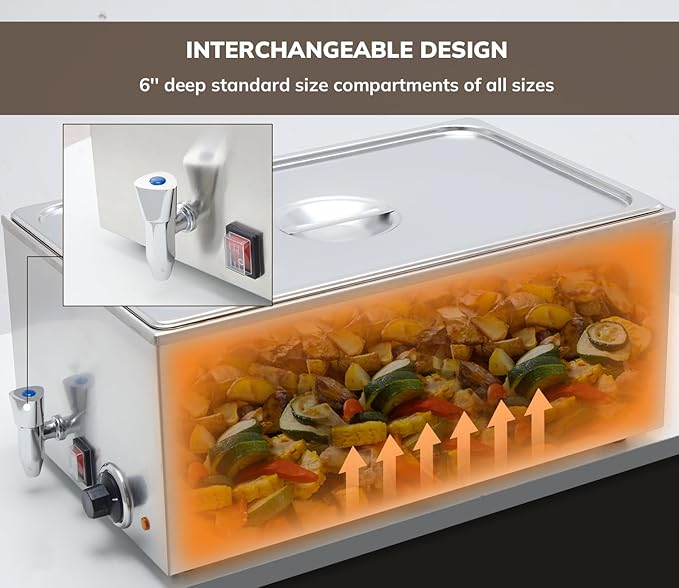 SYBO Commercial Grade Stainless Steel Bain Marie Buffet Food Warmer Steam Table for Catering and Restaurants (1 Section with Tap)