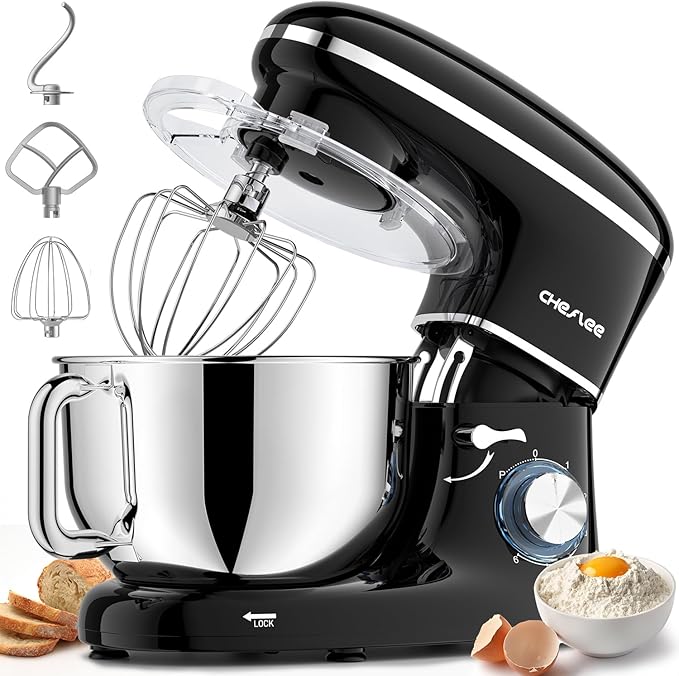CHeflee Stand Mixer,660W 6+P With 6.5QT Stainless Steel Bowl,Dough Hook, Wire Whip & Beater,for Most Home Cooks (Black)