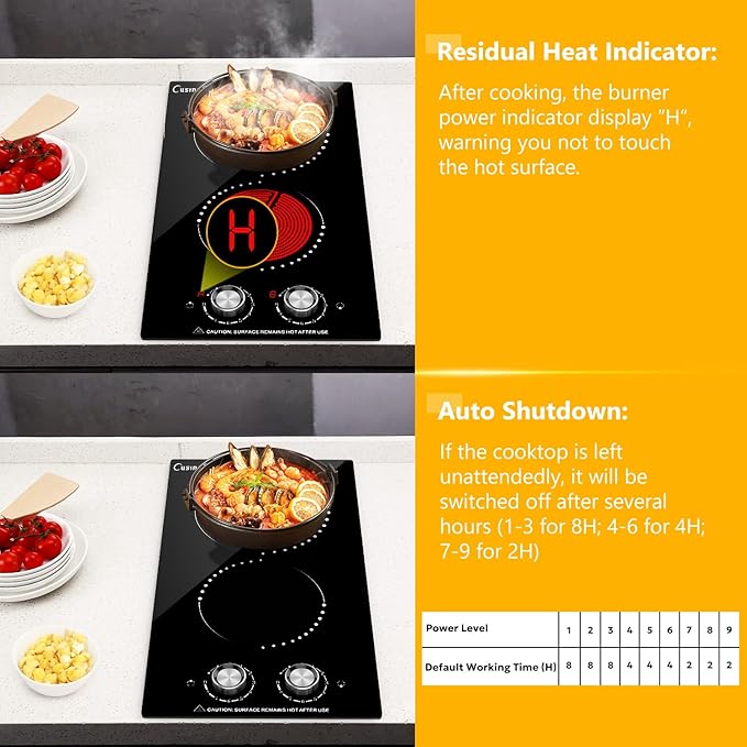 12 Inch Electric Cooktop, 2 Burner Electric Stove Top with 9 Power Levels, Knob Control, Auto shutdown and Residual Heat Warning, 2000W, Ideal for Countertop & Built-In Use (110-120V)