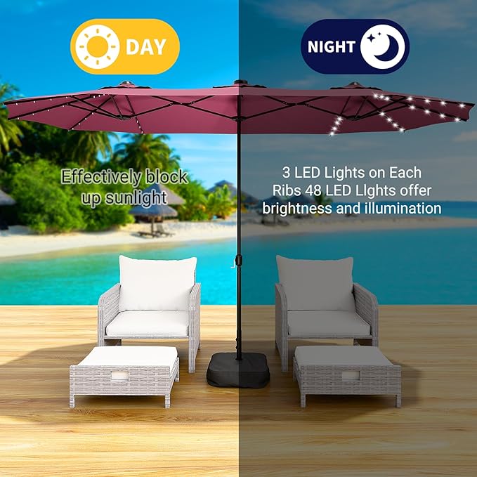 LEVELEVE 15FT Large Patio Umbrella with Base & Solar LED Lights - Double-Sided,Red