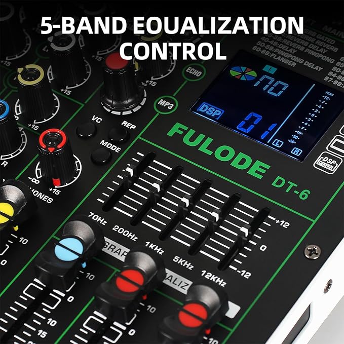 Professional DJ Audio Mixer,6 Channel Sound Mixing music Board With 99 DSP Effects,Console System PA Mixer with Bluetooth,w/USB,48V Phantom Power,Vocal Removal for Live Streaming Studio(DT-6)