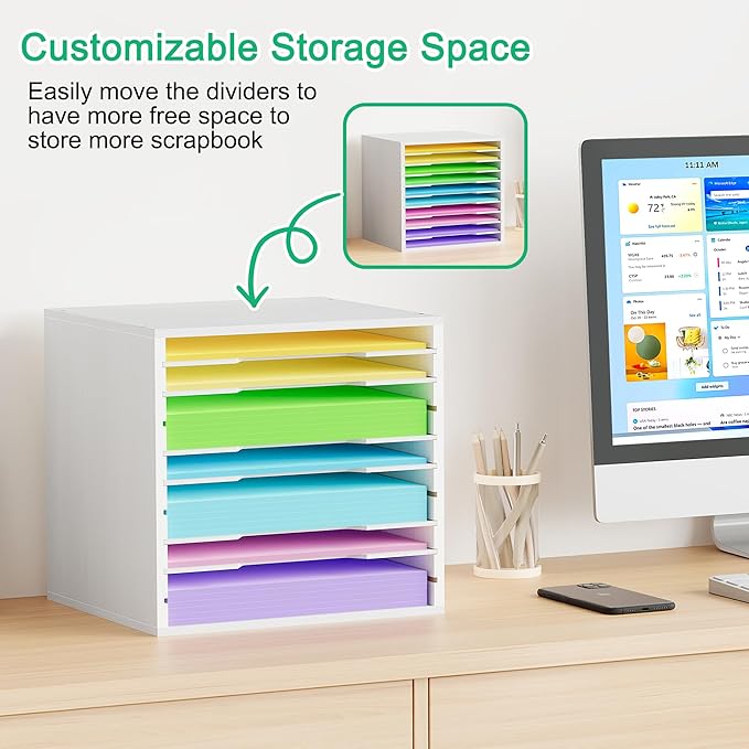 EasyPAG Scrapbook Paper Storage Organizer for Craft Room, 12x12 Paper Storage Desk Shelf, 10 Slot Adjustable File Sorter for Office School Classroom, White