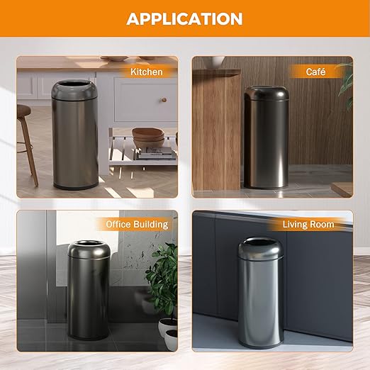 BEAMNOVA 16.5 Gallon Trash Can Black Open Top Outdoor Indoor Commercial Stainless Steel Industrial Waste Basket Container, Metallic Black Large Garbage Enclosure with Lid