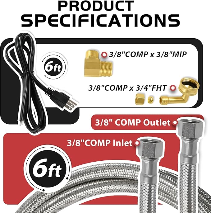 EFIELD Dishwasher Installation Kit, 6 FT Stainless Steel Supply Hose, 3/8" X 3/8" Compression Adapter, 3-Wire 6” Power Cord with Tap(HOSE149)