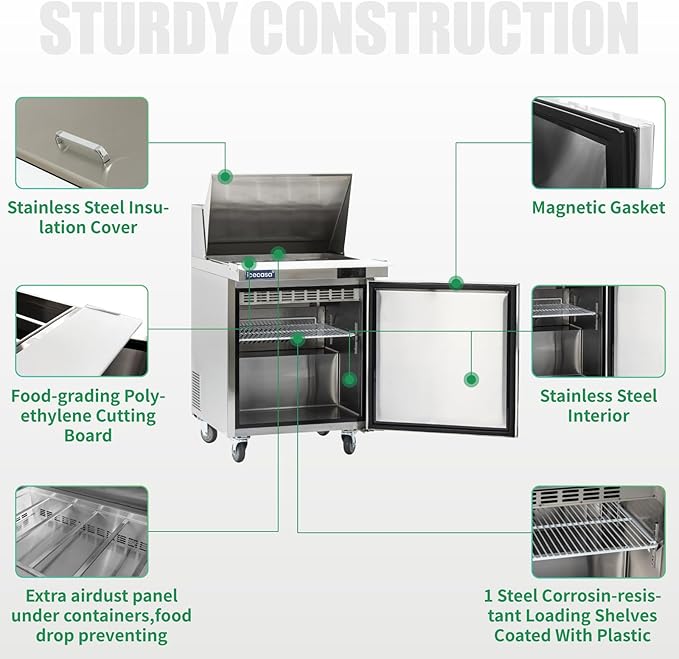 ICECASA 27" W Commercial Refrigerator Sandwich&Salad Prep Table Mega Top single Door Stainless Steel Counter Fan Cooling Refrigerator with 12 pans-27 Inches for Restaurant, Bar, Shop, etc