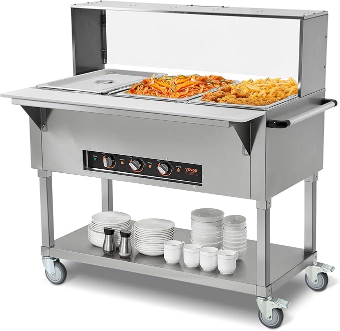 VEVOR 3-Pan Commercial Food Warmer, 3 x 20.6QT Electric Steam Table, 1500W Professional Buffet Catering Food Warmer with Acrylic Sneeze Guard, Food Grade Stainless Steel Server for Party Restaurant