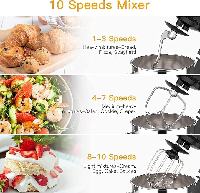 7.5QT Stand Mixer, 660W Powerful Electric Dough Mixer, 10-Speed Tilt-Head Kitchen Mixer with Stainless Steel Bowl, Whisk, Dough Hook, Beater, Splash Guard, Easy Clean, for Baking & Cooking