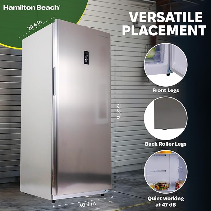 Hamilton Beach HBFRF1495 14 cu ft Upright Convertible Fridge/Freezer-Frost Free-Removable Glass Shelves-LED Interior Light, Stainless