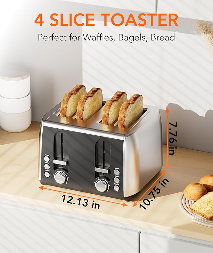 Toaster 4 Slice Retro Stainless Steel, 4 Slice Toaster with Extra Wide Slots with 6 Shade Settings, Toast Boost, Cancel Button, Perfect for Waffles, Bagels and More