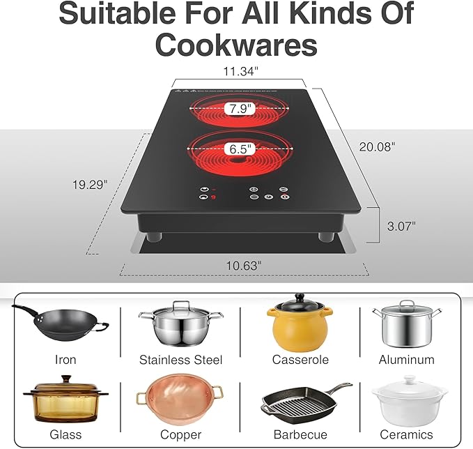 Electric Cooktop,Built-in and Countertop Electric Stove Top, 2100W 110V Electric Burner 9 Heating Level, Timer & Kid Safety Lock, Sensor Touch Control 2 Burner Electric Cooktop.