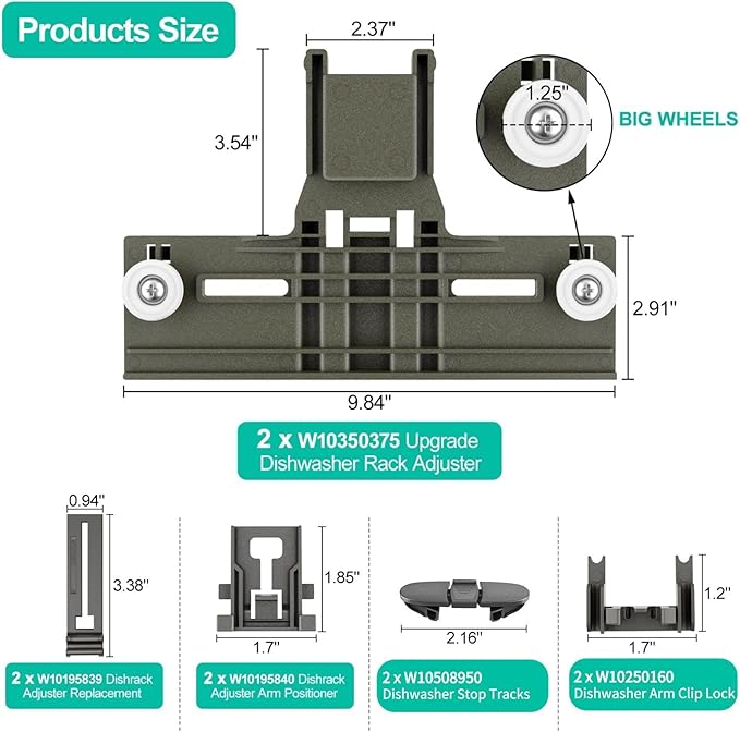 UPGRADED W10350375 Dishwasher Top Rack Adjuster Parts Replacement for Whirlpool Dishwasher Parts WDT730PAHZ0 WDT750SAHZ0 WDTA50SAHZ0 WDT970SAHZ0 Upper Rack Parts,Fits Kenmore Dishwasher Top Rack Parts