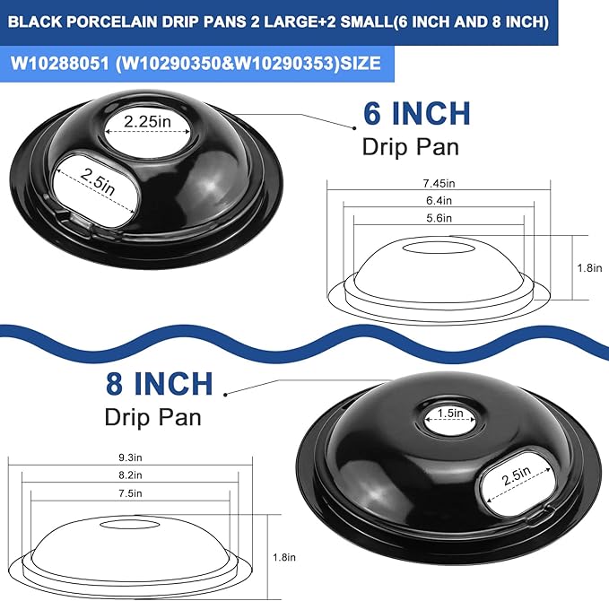 Fetechmate MP15YA MP21YA Electric Stove Burner Element Replacement Set (3) 6" & (1) 8" Black Porcelain Drip Pans Compatible with Whir-pool Electric Range Stove Top