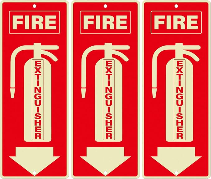 3 Pack Fire Extinguisher Signs 10 × 4 Inches Glow in the Dark Aluminum Sign Waterproof UV Protected Fade Resistance Signage for Home Office Business