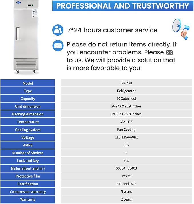 27" W Commercial Refrigerator, 23 Cu.ft Reach-in Stainless Steel Refrigerator, Single Door Upright Fan Cooling for Restaurant, Bar, Home, Shop, and Business(Equip 4 Shelves)