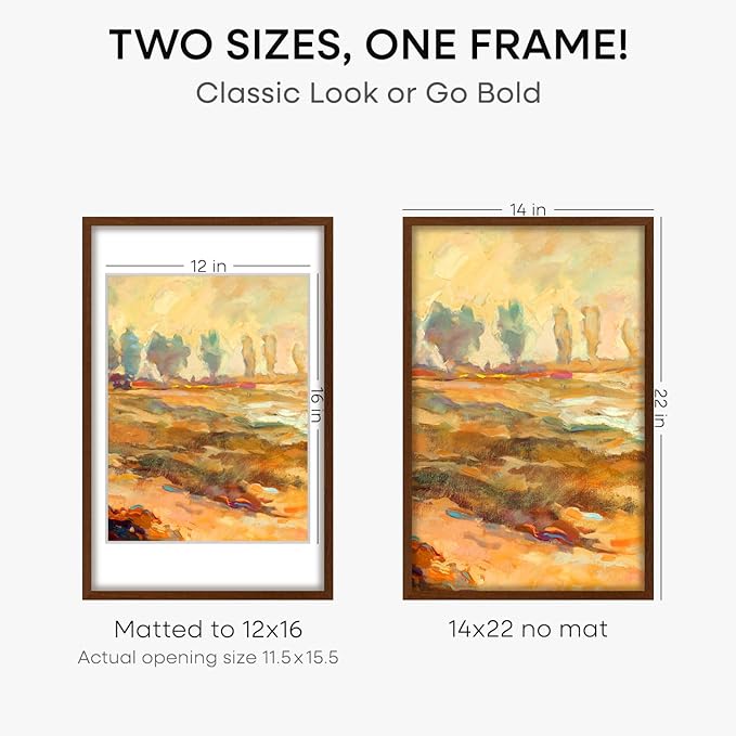 Homeforia 14x22 Picture Frame Brown, High End Dark Oak 14x22 Walnut Wooden Frames with Mat 12x16, 14 x 22 Wood Poster Frame Matted to 12 by 16, 22x14 Hanging Frames, Tempered Glass, Wall Kit, Set of 3