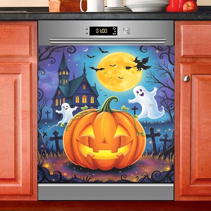 Pumpkin Ghost Witch Halloween Dishwasher Magnet Cover Sticker Magnetic Refrigerator Panel Front Door Fridge Microwave Decal Decorative