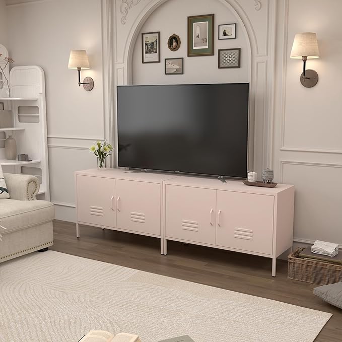 Metal Cabinets,2 Door Cabinet with Adjustable Shelf,Pink Storage Cabinet for Bedroom,Living Room,Pink