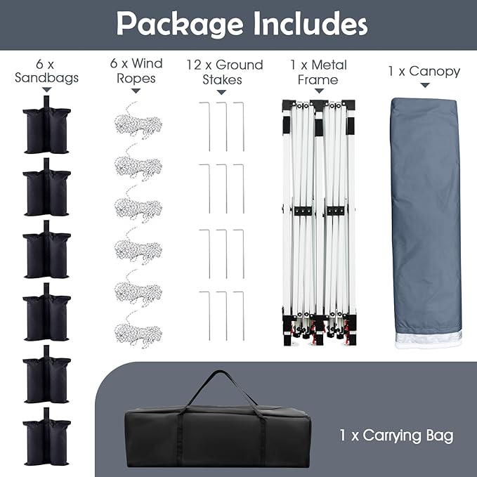 Tangkula 10x20 Ft Pop Up Canopy, Instant Setup Tent with 6 Sandbags, 12 Stakes & 6 Ropes, UPF 50+ Portable Outdoor Canopy Tent with Carrying Bag for Camp, Beach, Patio (Gray)