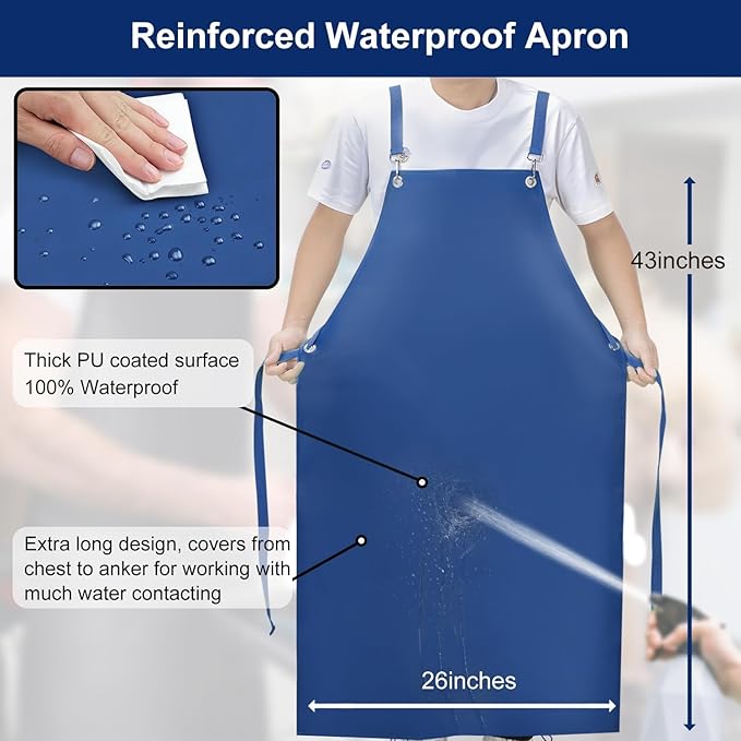 2 Pack Heavy Duty Vinyl Industrial Anti-Tear Apron, 43" x 26" Waterproof, Chemical Resistant, Blue, Unisex-Adults